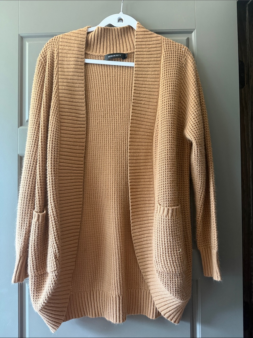 Midi Open-Front Camel Knit Cardigan Sweater -